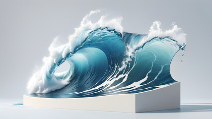 Clear blue ocean wave water splashing, simple, 3D, daylight, white background, isolated, from below, podium, Generative AI