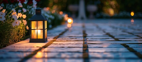 marble path of square tiles illuminated by a lantern glowing with a warm light in a backyard garden with a flower bed