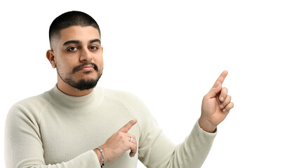 Canvas Print - A man, close-up, on a white background, points to the side