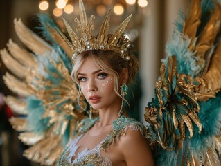 A woman wearing a gold and blue costume with a crown on her head. She has blue and gold feathers on her wings