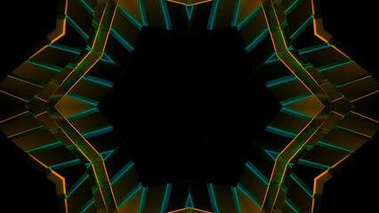 Poster - 3D kaleidoscope mandala abstract background. Design. Fractal shapes of a star in endless motion.