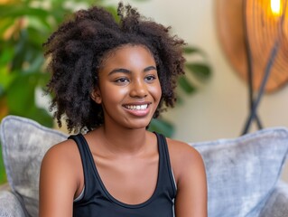 Sticker - A young woman with curly hair is sitting on a couch and smiling. She is wearing a black tank top and she is happy