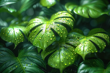 fresh green tropical leaves with water droplets in lush environment