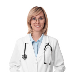 Wall Mural - Smiling doctor in uniform on white background