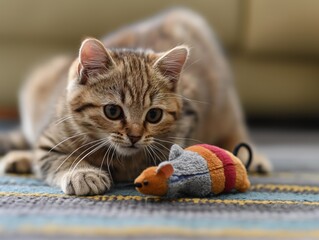 Wall Mural - A cat is playing with a toy mouse on a carpet. The cat is focused on the toy and he is enjoying itself