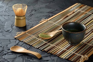 Organic green matcha tea and tea accessories on japanese mat on black background. Japanese tea ceremony concept. Chashaku spoon and chasen bamboo whisk for brewing matcha tea - generative ai