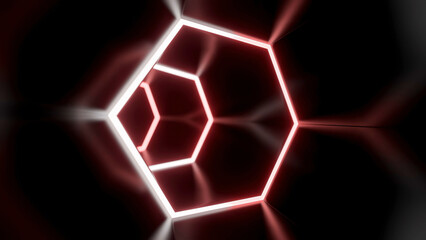 Fototapete - Animation in moving tunnel with hexagonal glowing lines. Design. Movement in rotating cyber tunnel with neon lines. Dark cyber tunnel with hexagonal neon lines
