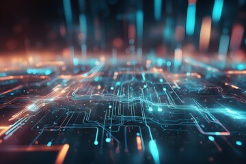 Poster - A computer chip with a blue and orange background