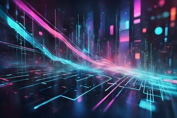 Poster - a colorful cityscape with a blue line running through it