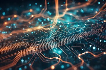 A computer chip with orange and blue lines