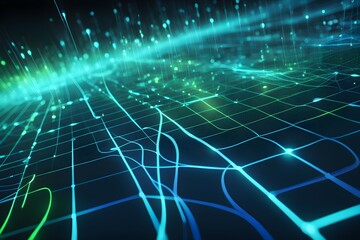A computer generated image of a cityscape with a blue and green color scheme