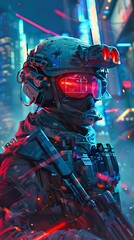 Wall Mural - Heavily armed futuristic cyborg soldier in advanced combat gear and shield ready for battle