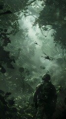 Wall Mural - Stealthy Military Soldier Navigating Dense Jungle Terrain on Covert Mission