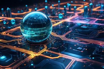 A computer chip with a blue sphere on top of it