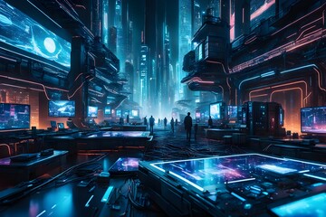 A futuristic cityscape with neon lights and people walking around