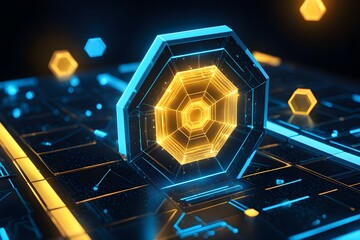 Poster - A blue and yellow hexagon is surrounded by other hexagons