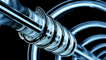 Poster - Neon lines rotate around pipe. Design. Animation of mechanical rod with rotating neon lines. Neon lines rotate around rod in mechanical design