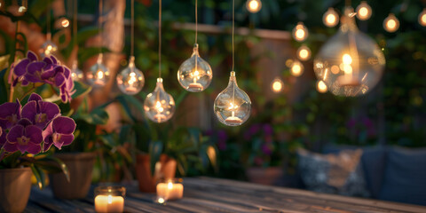 Wall Mural - Small glass orbs, each containing a lit candle, hang from strings above an outdoor wooden table adorned with orchid pots.
