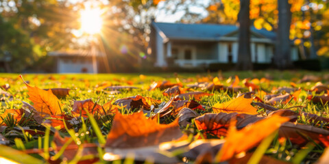 Wall Mural - Fallen leaves on the grass in the front yard are in focus, with a house and trees visible in the background.