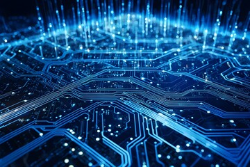 Poster - A computer chip with many blue lines and dots