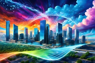 Wall Mural - A cityscape with a rainbow arching over it