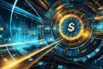 Poster - The dollar sign is surrounded by a circle of bright colors and lines