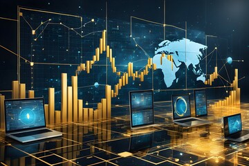 Poster - A computer monitor displays a graph of stock prices and a world map