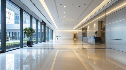 Wall Mural - contemporary office lobby with polished floor and minimalist architecture wideangle interior photograph