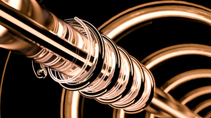 Poster - Neon lines rotate around pipe. Design. Animation of mechanical rod with rotating neon lines. Neon lines rotate around rod in mechanical design