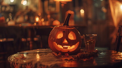 Wall Mural - halloween pumpkin lantern on wooden table
