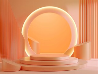 Wall Mural - 3D Render of Minimal Orange Background with Podium Stage and Glowing Neon Light Ring for Product Presentation, Modern and Sleek Design