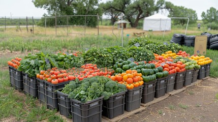 Wall Mural - An abundance of fresh vegetables including tomatoes, bell peppers, and broccoli on display for sale in plastic bins at an outdoor farmers market on a sunny day