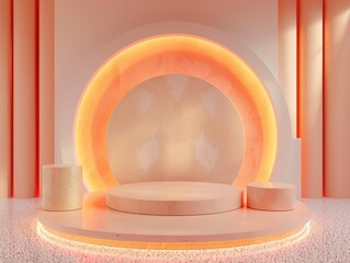 Wall Mural - 3D Render of Minimal Orange Background with Podium Stage and Glowing Neon Light Ring for Product Presentation, Modern and Sleek Design