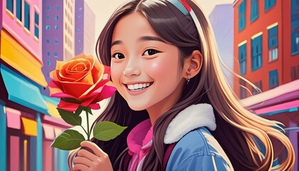 pop art style of a teenage asian girl smiling widely, long hair, holding a rose