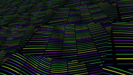 Poster - Gradient bright color led illuminated mosaic plaid pattern. Animation. Distorted wavy surface divided into squares with horizontal parallel segments.
