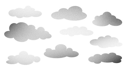 clouds set, gray black white weather elements collection, noise texture grainy effect illustration