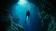 © Aleksandra - A diver exploring an underwater cave, their flashlight illuminating the rock formations and marine life as they navigate through the cave.