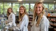 © aicandy - Group of young female scientists wearing white lab coats and gloves working together in a brightly lit laboratory with shelves of equipment and chemicals