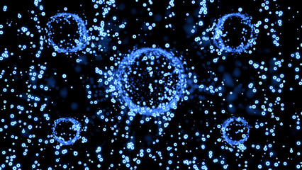 Poster - Animation with moving stream of bubbles and large circles. Design. Balls in space with distortion of flow of bubbles. Stream of bubbles rises in space and circles around