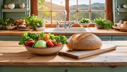 Wall Mural - A wooden table set with a bowl of fresh vegetables, vintage utensils, and a loaf of crusty bread