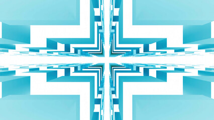 Poster - Movement in cross geometric tunnel. Motion. Geometric animation with movement among cubic pillars. Tunnel with intersection of cross made of cubic walls