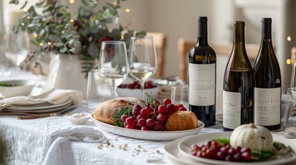 Wall Mural - A table with a white tablecloth and a variety of food and wine