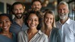 © JINGWEN - Professional white-collar team smiling confidently in a modern office setting, faces sharply in focus under bright lights, HD close-up of their upper bodies