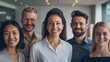 © JINGWEN - Professional white-collar team smiling confidently in a modern office setting, faces sharply in focus under bright lights, HD close-up of their upper bodies