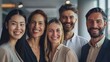 © JINGWEN - Professional white-collar team smiling confidently in a modern office setting, faces sharply in focus under bright lights, HD close-up of their upper bodies