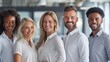 © JINGWEN - Professional white-collar team smiling confidently in a modern office setting, faces sharply in focus under bright lights, HD close-up of their upper bodies