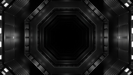 Poster - Movement in geometric 3d spaceship tunnel. Design. Geometric 3D tunnel of space ship model. Metal walls with flashing lights of space tunnel