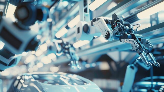 Futuristic Robotic Arms in Automotive Factory Production Line