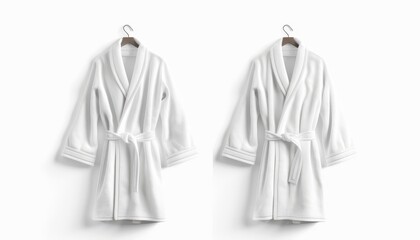 Poster - 2 white bathrobes hanging in a hotel room with a white background