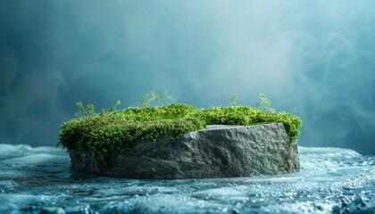 Sticker - A damp rock rests on moss over icy surface A podium and banner are present